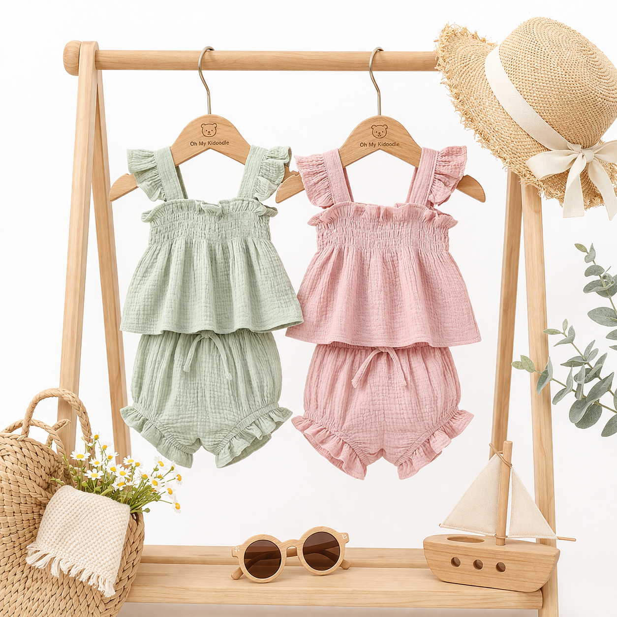Ensemble 2 Pièces Fille Haut Sans Manches + Short Coton Vert & Rose