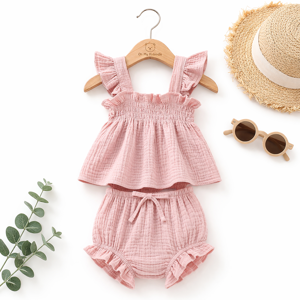Ensemble 2 Pièces Fille Haut Sans Manches + Short Coton Vert & Rose Pink