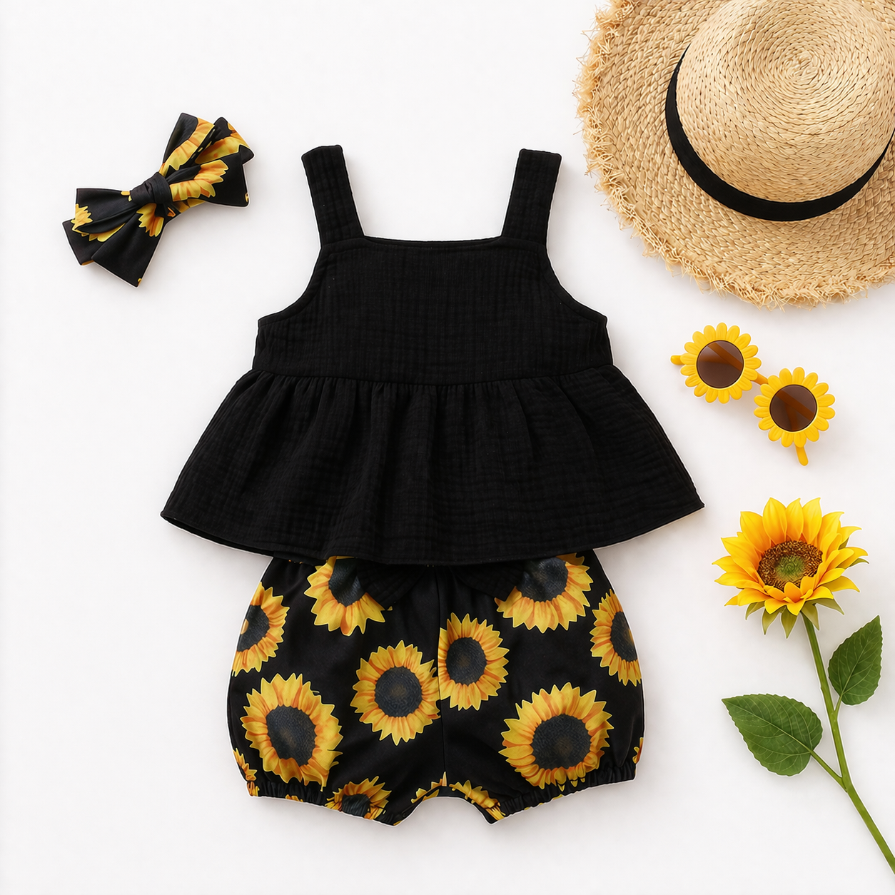 Ensemble 3 Pièces Fille Motif Tournesol Haut + Short + Bandeau 3 à 24 mois noir