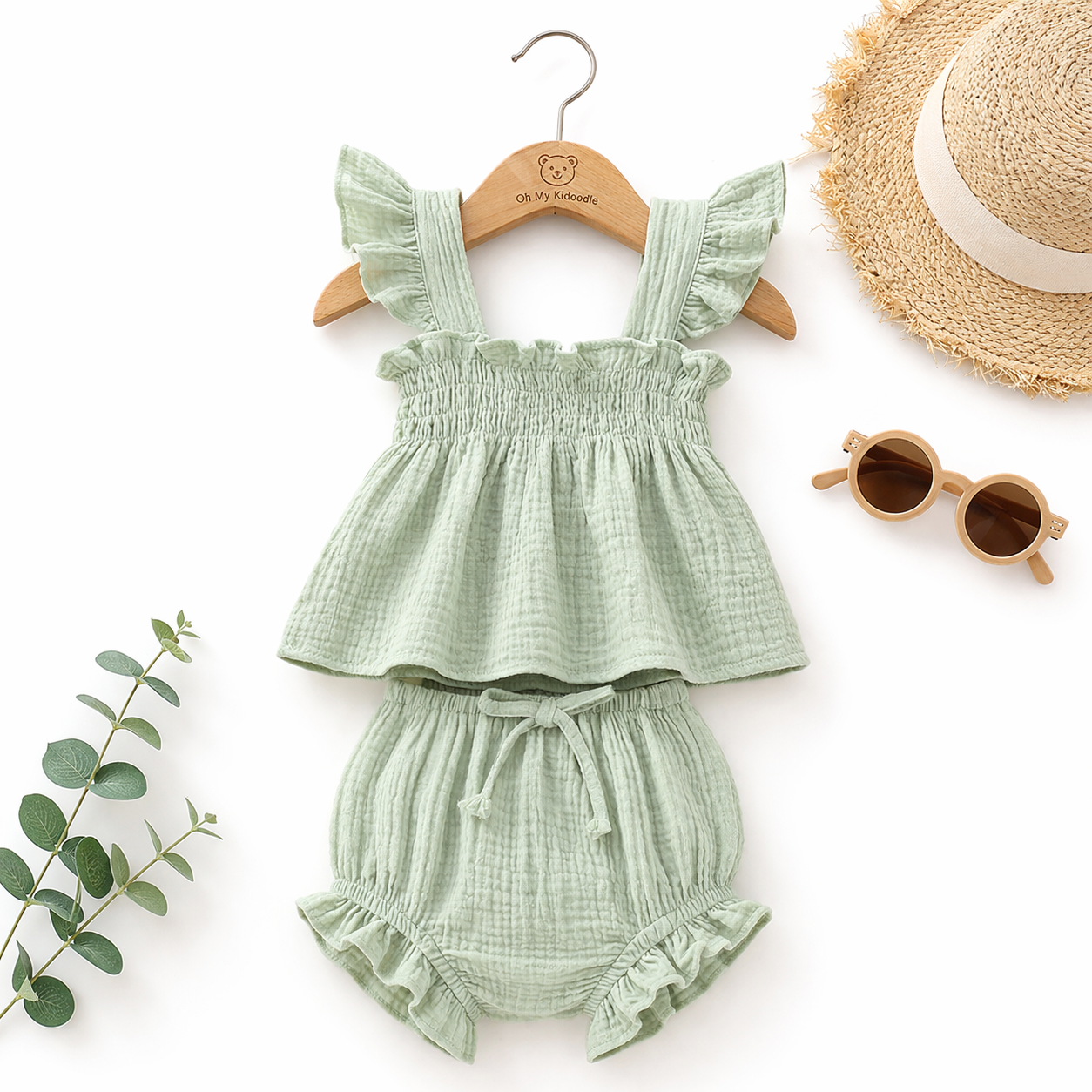 Ensemble 2 Pièces Fille Haut Sans Manches + Short Coton Vert & Rose Green