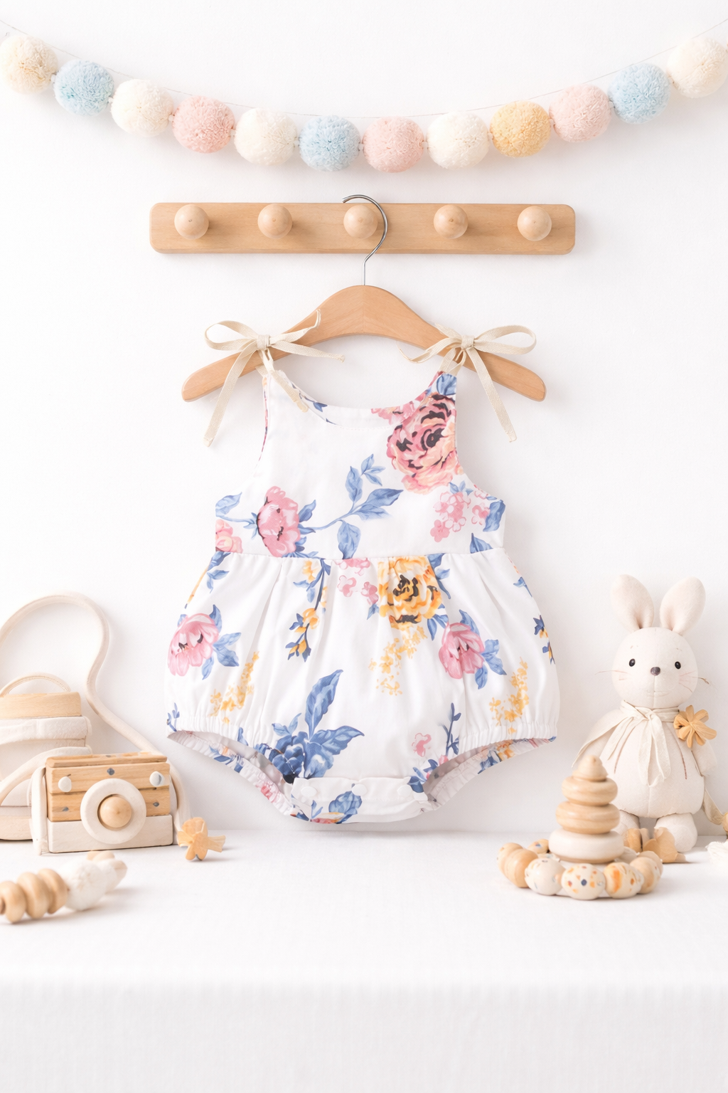 Body Triangle Floral Bébé Fille - Bretelles Bicolores en Coton Blanc