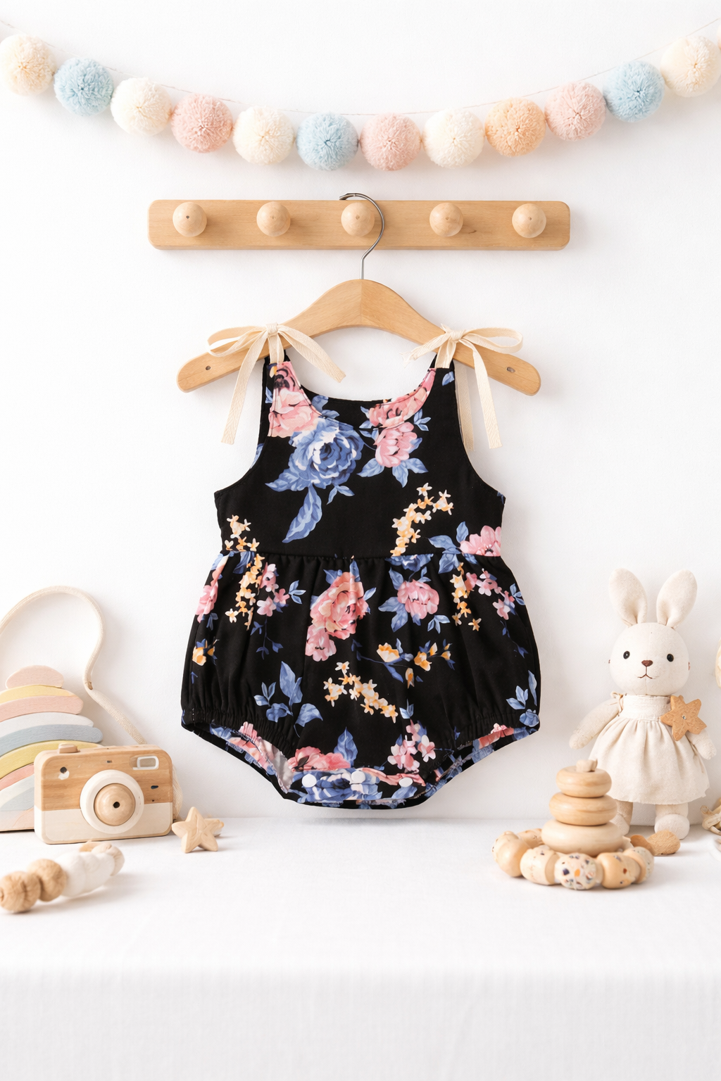 Body Triangle Floral Bébé Fille - Bretelles Bicolores en Coton Noir