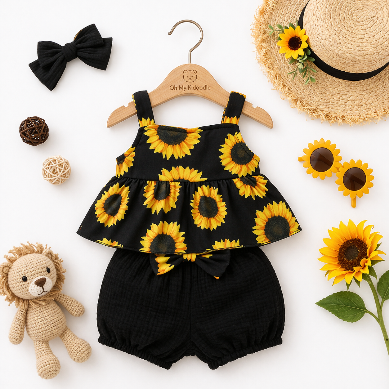 Ensemble 3 Pièces Fille Motif Tournesol Haut + Short + Bandeau 3 à 24 mois jaune