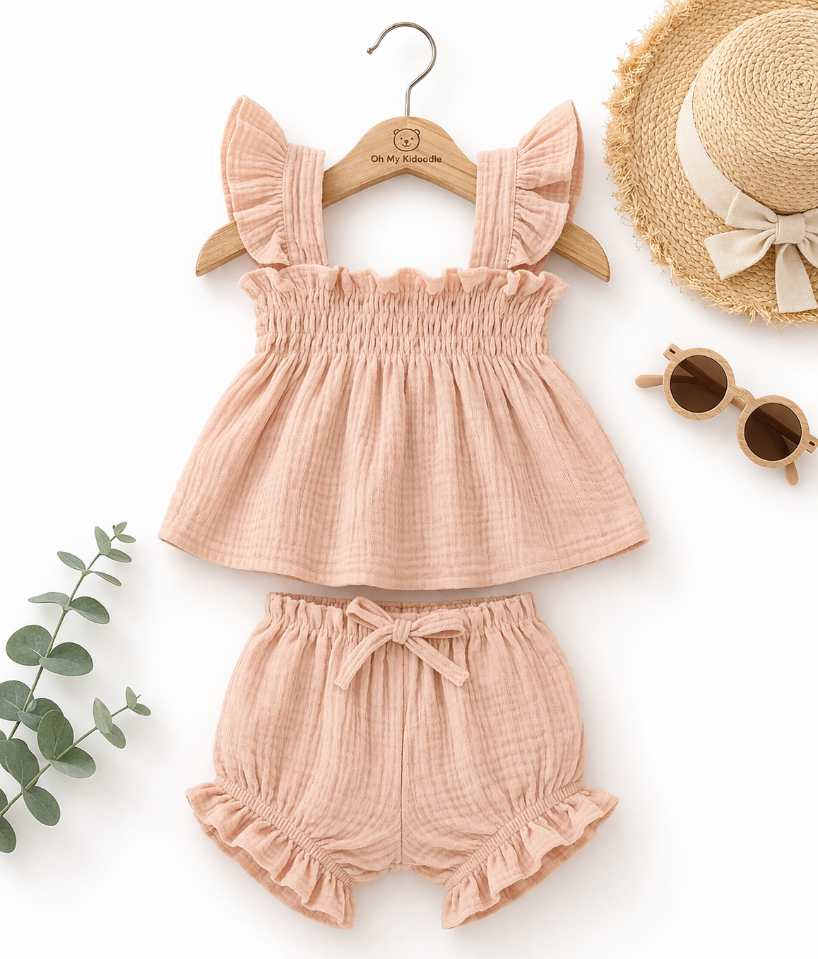 Ensemble 2 Pièces Fille Haut Sans Manches + Short Coton Vert & Rose