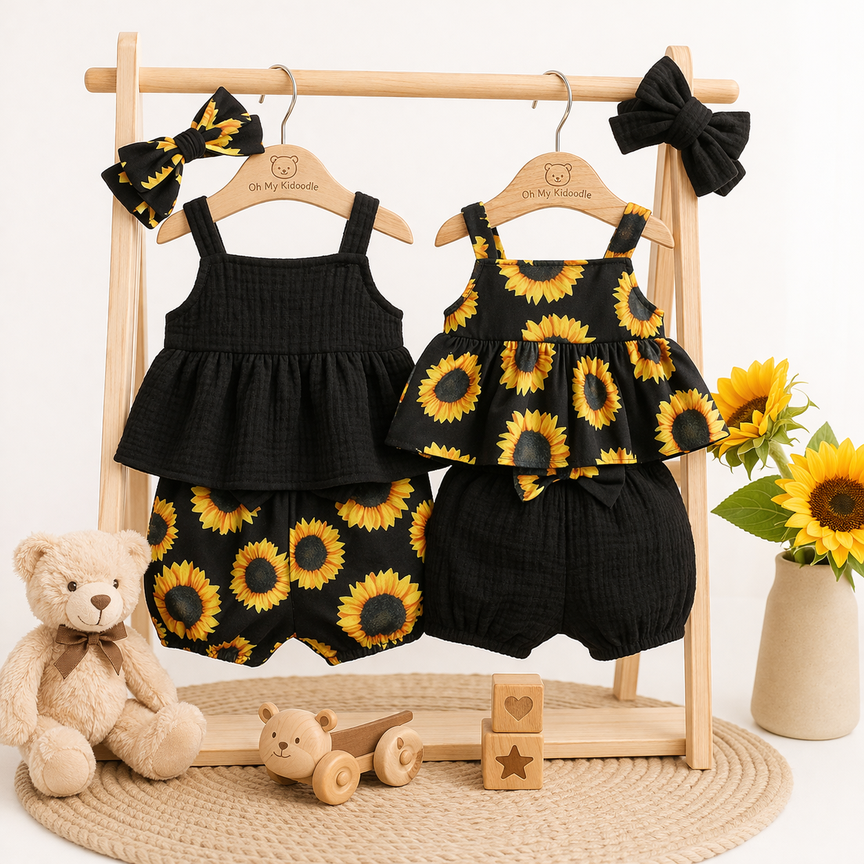 Ensemble 3 Pièces Fille Motif Tournesol Haut + Short + Bandeau 3 à 24 mois